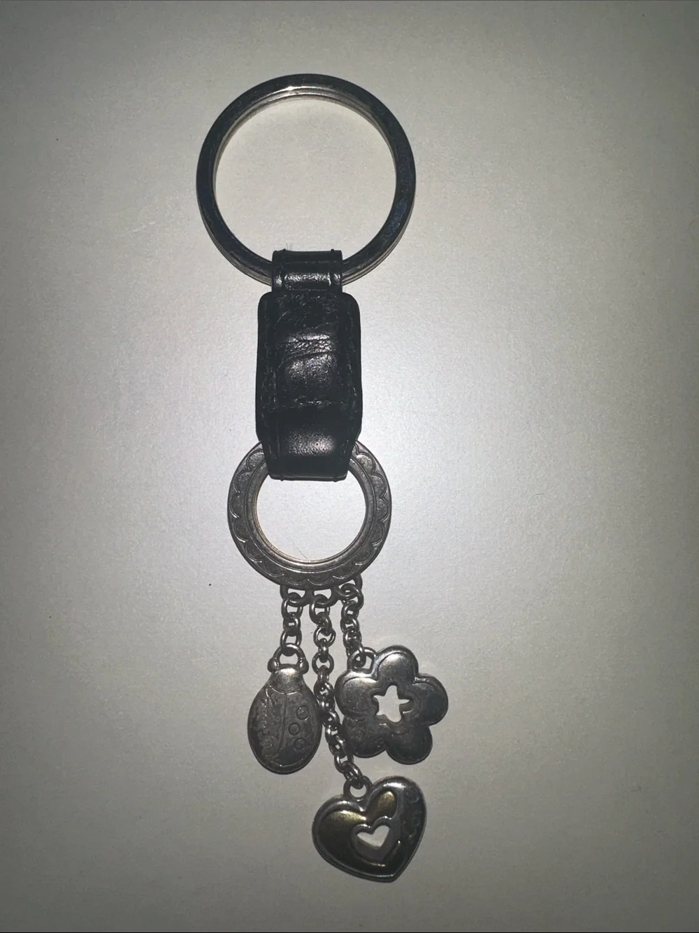 Brighton Black Leather Keyring with Silver Flower & Heart Charms